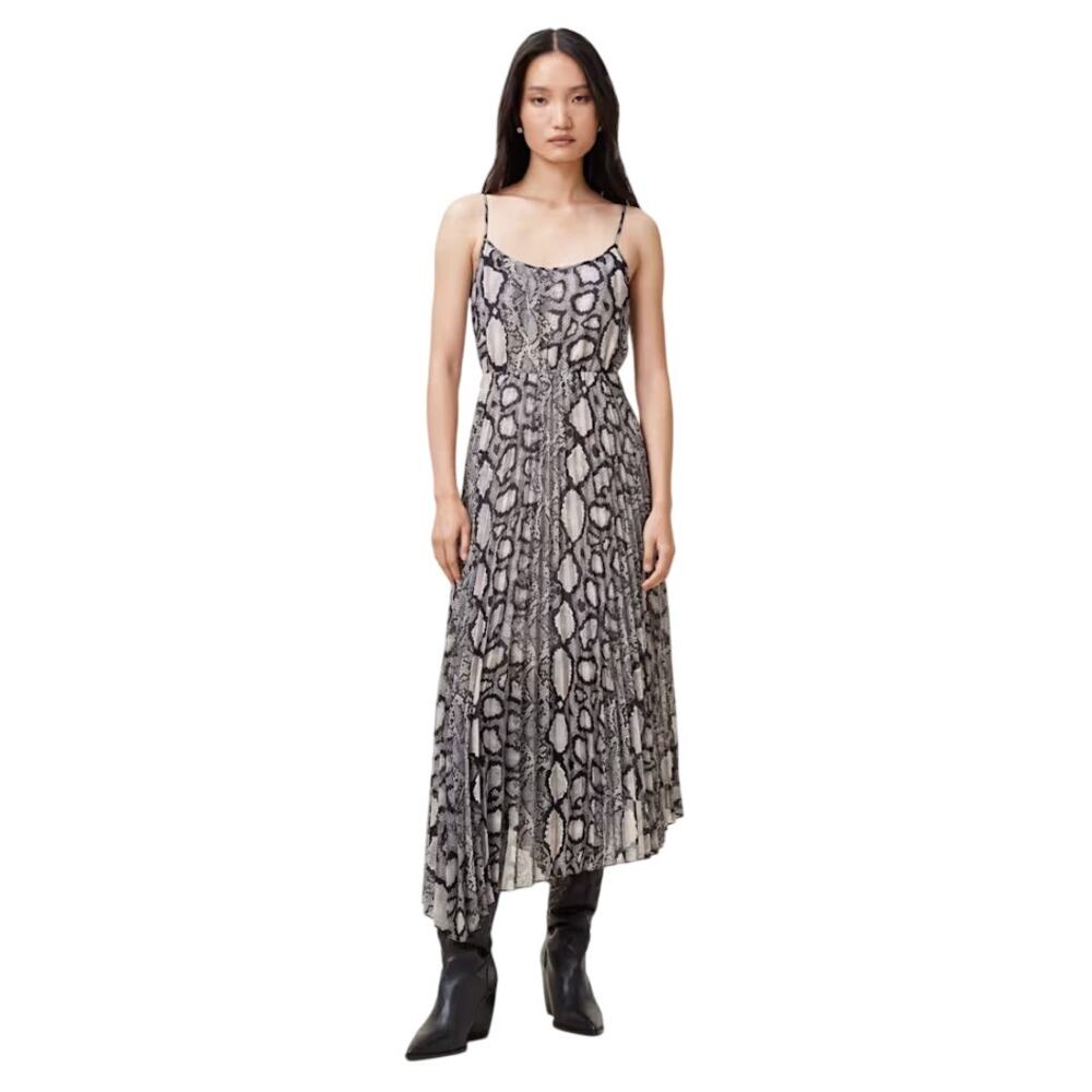 AllSaints Donatello Snake Print Sleeveless Pleated Skirt Midi Dress Small New